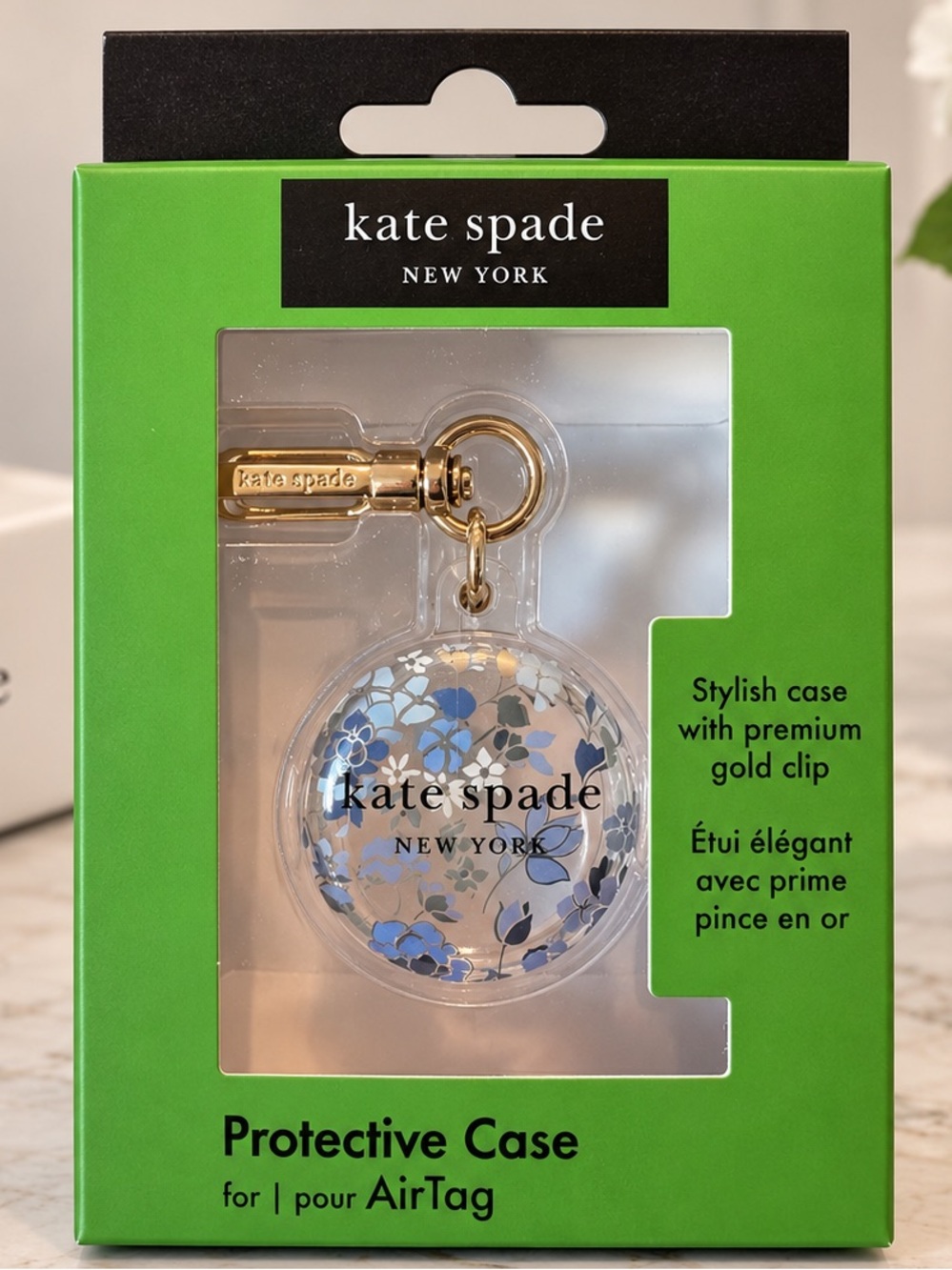 Kate Spade New York Blue Floral Apple AirTag Holder Case Gold Clip Clear NEW